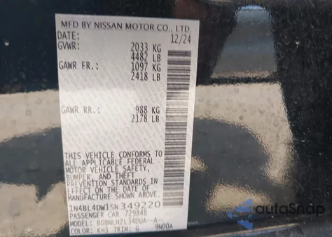 2025 Nissan Altima Sv Awd from USA, damaged, VIN 1N4BL4DW1SN349220